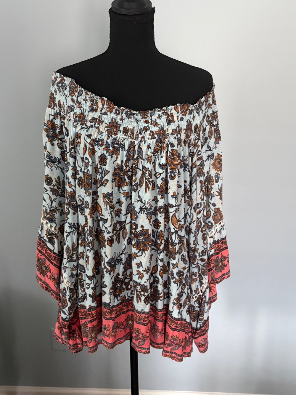 Bohemian Off-Shoulder Floral Blouse in Cream with Coral Trim
